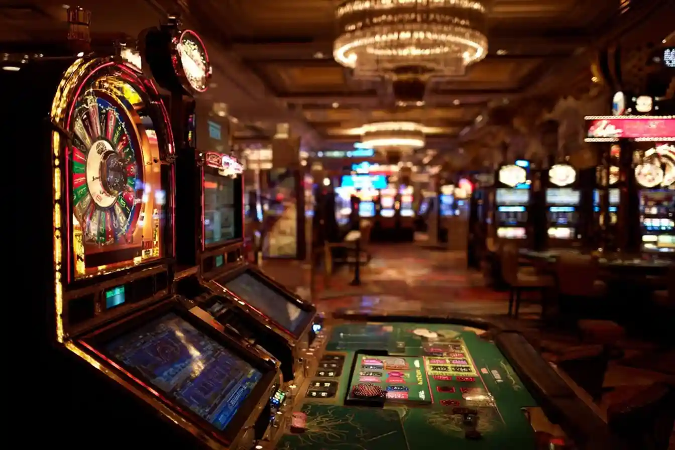 Illustrative image of a slot machine with dice imagery